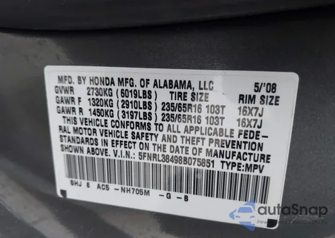 2008 Honda Odyssey Ex from USA, damaged, VIN 5FNRL38498B075851